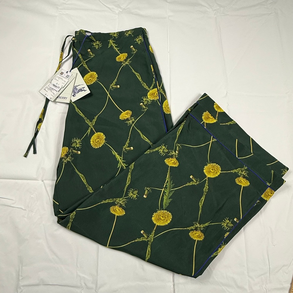 Burberry Silk Dandelion Print Pants Ivy Green Yellow Wide Leg 8082994 NEW